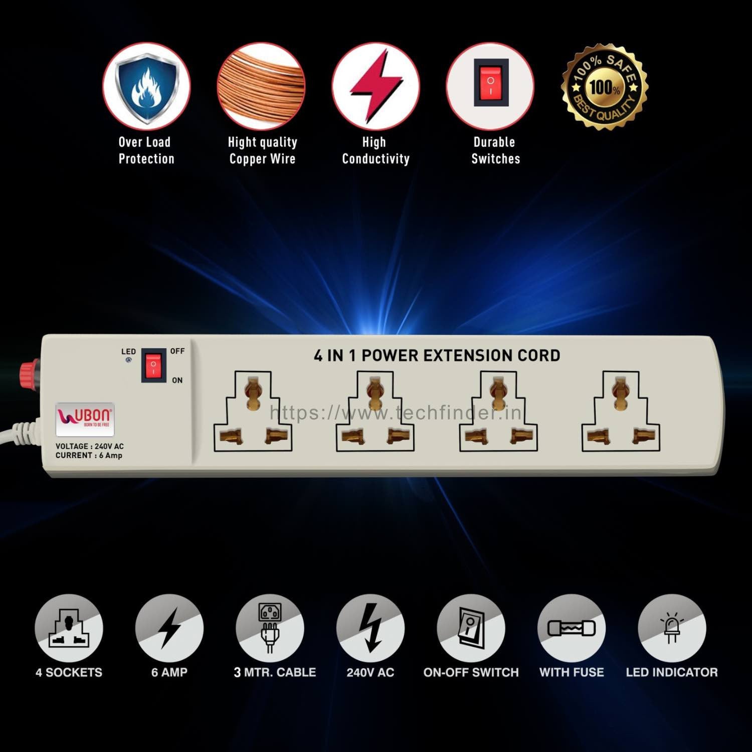 Ubon Ext-105 Universal 4 Socket 4.2mtr 6Amp Spike Guard Ubon Ext-105 Universal 4 Socket 4.2mtr 6Amp Spike Guard